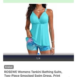 Smocked Turquoise Tankini Swim Top with Tropical Print Shorts